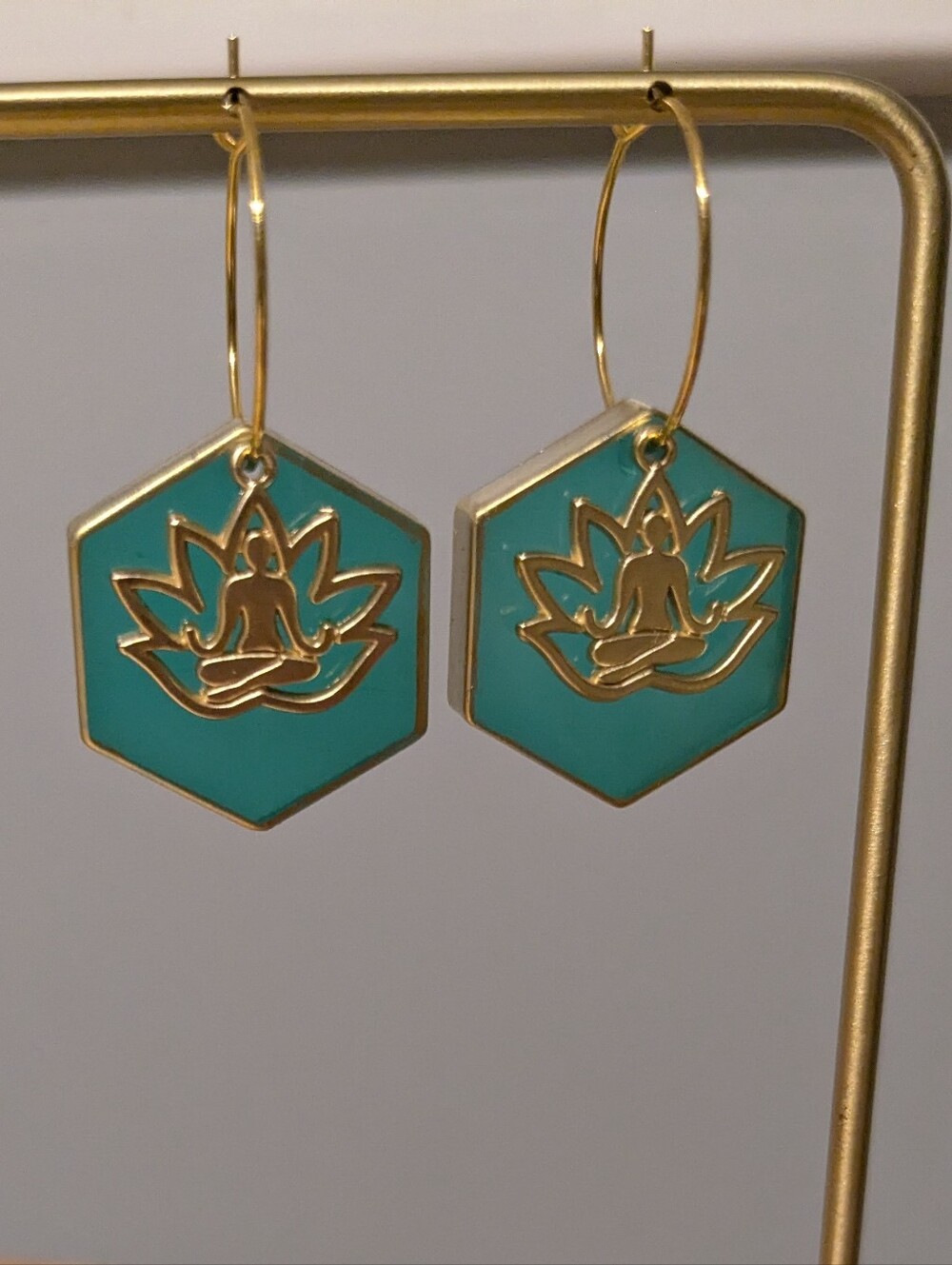 Gold Lotus Hexagon Drop Earrings in Turquoise